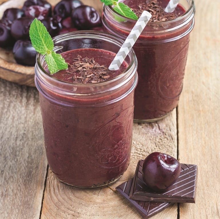 Black forest smoothie with cherry, almond milk and cacao powder i